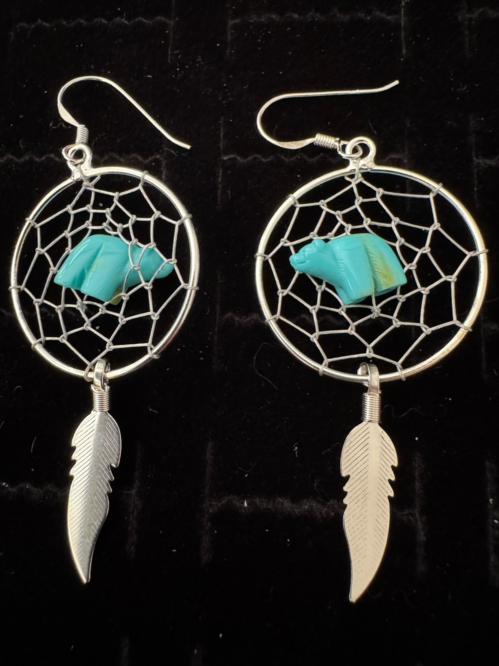 Genuine Turquoise bear in Dreamcatcher Feather Dangle Earrings - sterling silver